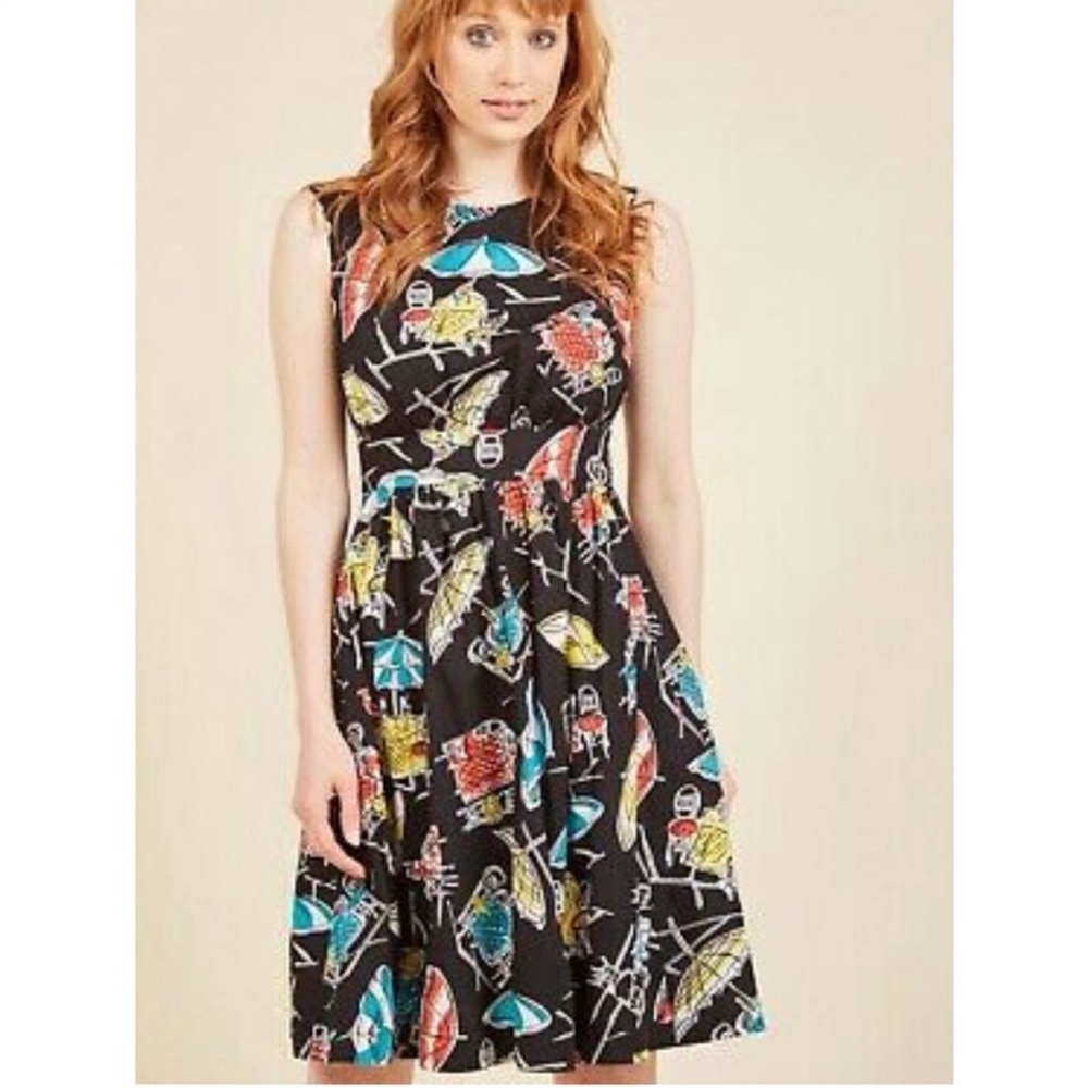 Emily and Fin ModCloth Black Too Much Fun Alfresco Feast Retro Lucy Dress Sz XS